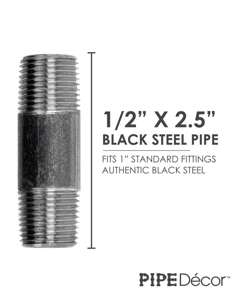 PIPE DECOR PIPE DÃ‰COR 1/2" x 2-1/2" Malleable Cast Iron Pipe Nipple, Pre Cut Connectors, Industrial Steel Grey Fits Standard Half Inch Black Threaded Pipes Nipples and Fittings, Vintage DIY Furniture, 10 Pack - Image 2